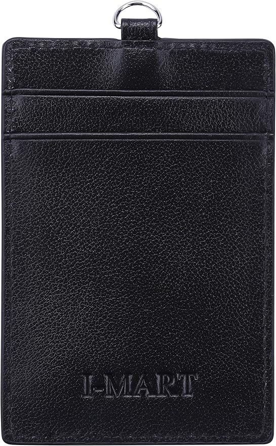 I-MART Genuine Leather Badge Holder with Lanyard – Vertical ID Badge Holder for Nurse, Office, Teacher | Cowhide, 3 Card Slots, Black, Gift Box