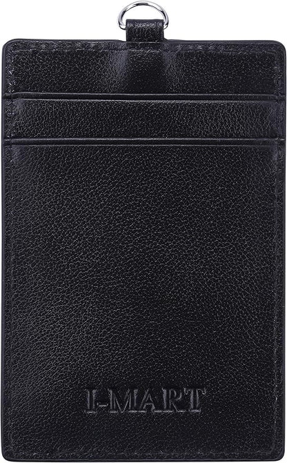I-MART Genuine Leather Badge Holder with Lanyard – Vertical ID Badge Holder for Nurse, Office, Teacher | Cowhide, 3 Card Slots, Black, Gift Box