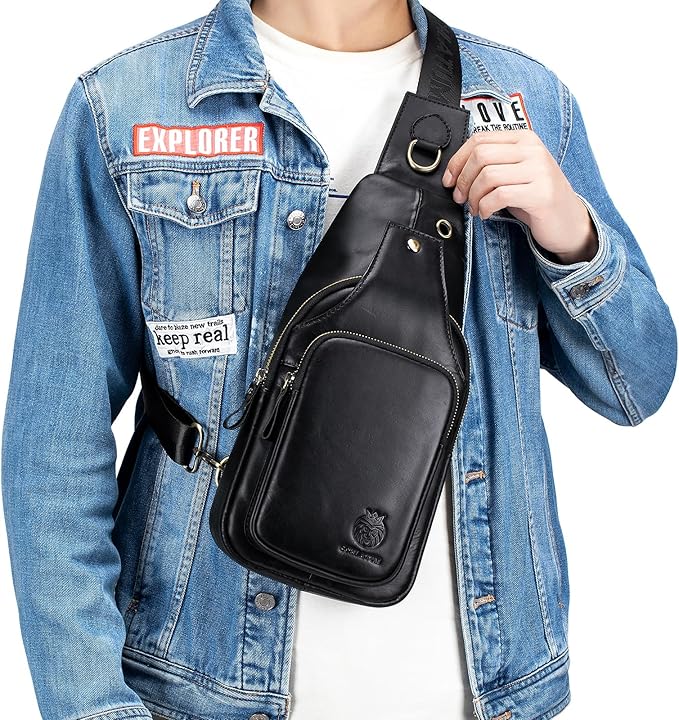 Mens Sling Bag Genuine Leather Crossbody Bags for Men Small Sling Chest Backpack Casual Man Bag Hiking Outdoor, Black