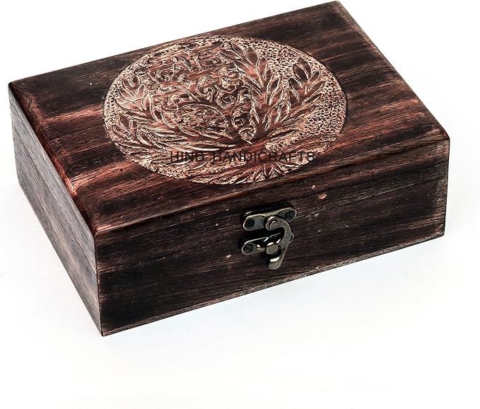 Antique Handmade Wooden Urn Tree of Life | Hand-Carved Jewelry Box for Women & Men | Decorative Keepsake Storage Organizer | Home Decor Accent (7" x 5.5" x 3.5", Tree - 4)