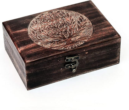 Antique Handmade Wooden Urn Tree of Life | Hand-Carved Jewelry Box for Women & Men | Decorative Keepsake Storage Organizer | Home Decor Accent (7" x 5.5" x 3.5", Tree - 4)