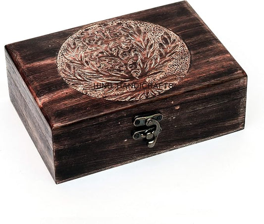 Antique Handmade Wooden Urn Tree of Life | Hand-Carved Jewelry Box for Women & Men | Decorative Keepsake Storage Organizer | Home Decor Accent (7" x 5.5" x 3.5", Tree - 4)