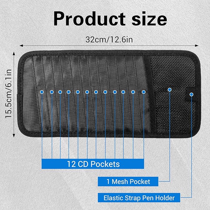 TIESOME CD Visor Holder for Car, Visor CD Holder Organizer Large Capacity CD Visor Case Car Sun Visor Organizer with 12 DVD Storage Sleeves 1 Mesh Pocket 1 Pen Holder and Elastic Strap(Black)