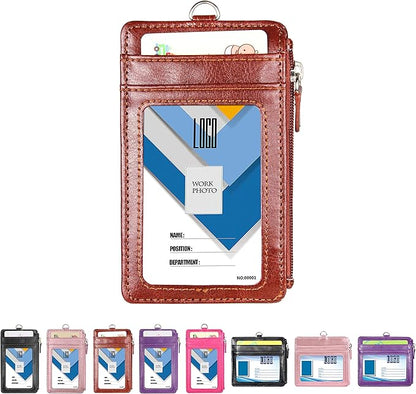 Badge Holder with Zip, Wisdompro 2-Sided Vertical Style PU Leather ID Badge Holder with 1 ID Window, 4 Card Slots, 1 Side Zipper Pocket and 1 piece 20 Inch PU Neck Lanyard Strap - Brown