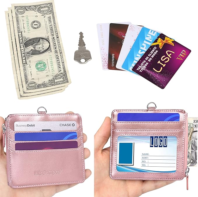 Badge Holder with Zip, Wisdompro 2-Sided PU Leather ID Badge Holder with 1 ID Window, 4 Card Slots, 1 Side Zipper Pocket and 1 piece 20 Inch Leather Neck Lanyard Strap - Rose Gold (Horizontal)