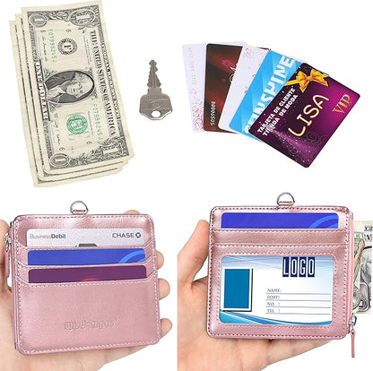 Badge Holder with Zip, Wisdompro 2-Sided PU Leather ID Badge Holder with 1 ID Window, 4 Card Slots, 1 Side Zipper Pocket and 1 piece 20 Inch Leather Neck Lanyard Strap - Rose Gold (Horizontal)