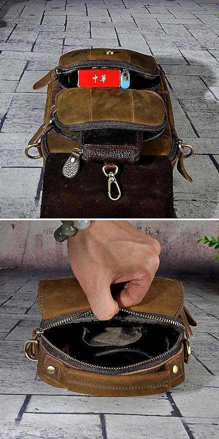 Le'aokuu Mens Genuine Leather Small Messenger Shoulder Satchel Phone Pouch Belt Waist Bag Pack