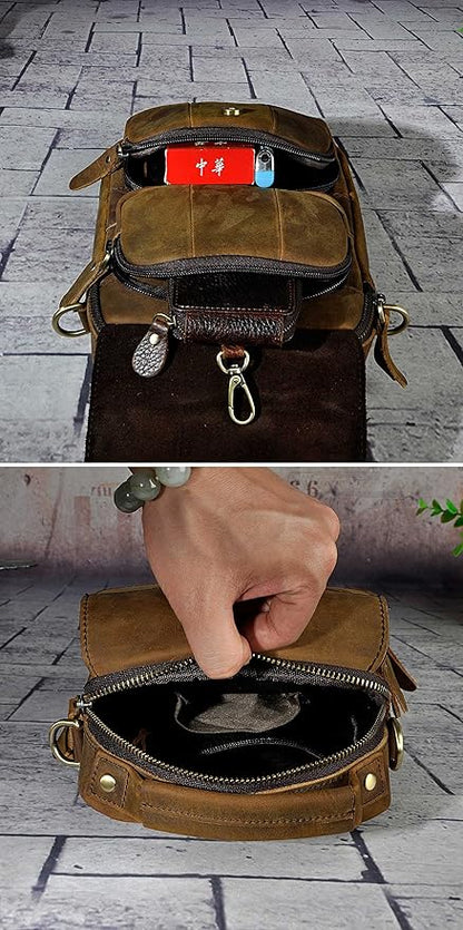 Le'aokuu Mens Genuine Leather Small Messenger Shoulder Satchel Phone Pouch Belt Waist Bag Pack