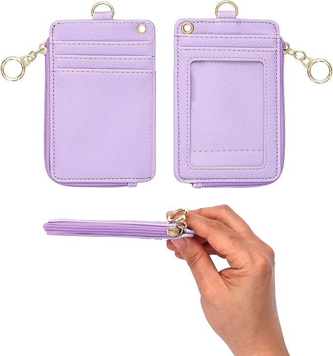 MONDO DESIGNS 2-in-1 ID Badge Holder & Lanyard Wallet - Multi-Use Womens Small Wallet with Removable Wristlet & Neck Lanyard, Clear Window, 5 Card Slots, Phone Holder, Ring Keychain - Purple