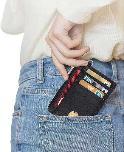 Suweibuke Slim Pocket Wallet, RFID Blocking Credit Card Holder Wallet with D-Shackle ID Window and Detachable keychain for Women (A-Black)