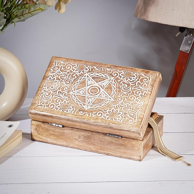 Ajuny Handmade Wooden Decorative Storage Box Star Floral Pattern Multipurpose Keepsake Treasure Chest Box for Memory Cards, Watches, Jewlery and Small Accessories Gift for Men and Women - 8X5 Inch