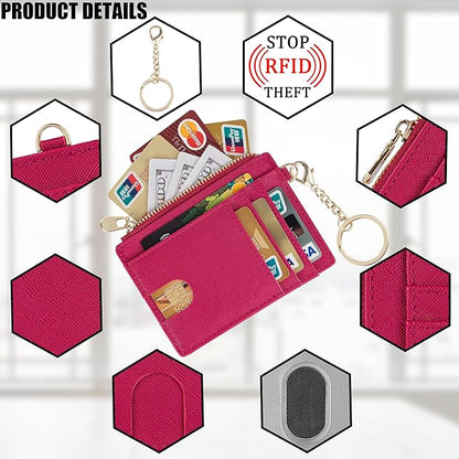 Suweibuke Slim Pocket Wallet, RFID Blocking Credit Card Holder Wallet with D-Shackle ID Window and Detachable keychain for Women (A-Burgundy Red)