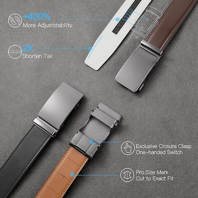 SENDEFN Men's Leather Belt Automatic Ratchet Buckle Slide Belt for Dress Casual Trim to Fit with Gift Box
