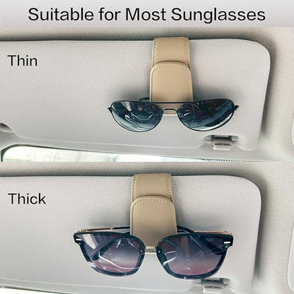 Sunglass Holder for Car Sun Visor, Magnetic Eyeglass Hanger Clip for Car Visor, Leather Car Glasses Mount, Car Interior Visor Accessories (Beige-1Pcs)