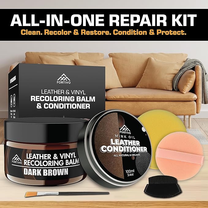 FORTIVO Leather Recoloring Balm with Mink Oil, Couch Repair Kit, Leather Dye and Restorer for Furniture - Camel