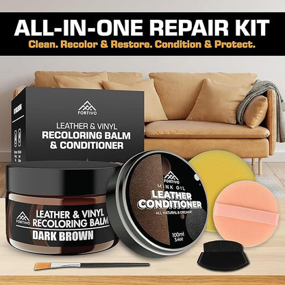 FORTIVO Leather Recoloring Balm with Mink Oil, Couch Repair Kit, Leather Dye and Restorer for Furniture - Camel