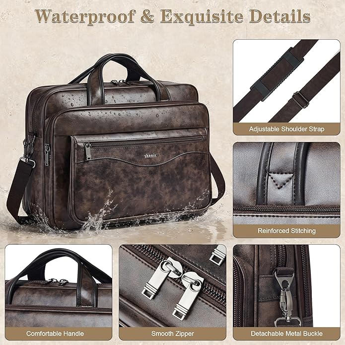 Shrrie Leather Laptop Bag Fits 17 to 17.3 Inch for Men and Women,Vintage Business Briefcase Laptop Messenger Work,Travel