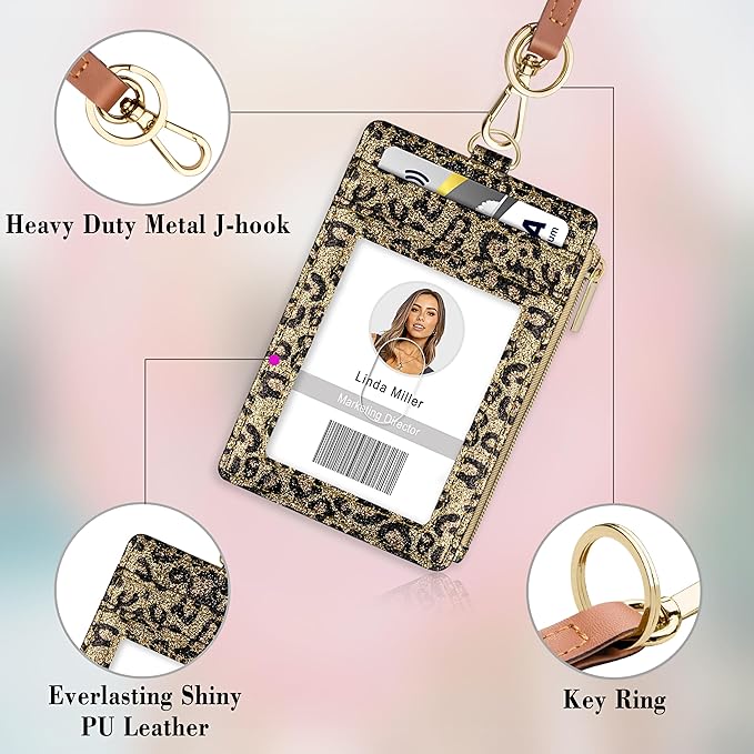ID Badge Holder with Lanyard, Vertical Bling Shiny ID Badge Card Holder with 1 Clear ID Window, 4 Credit Card Slots, 1 Cash Coin Slot and a Detachable Neck Lanyard (Bling Leopard)