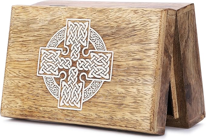 Ajuny Handmade Decorative Wooden Jewelry Box Celtic Cross Design Multipurpose Treasure Chest Storage Organizer Trinket keepsake Necklaces Watch Boxes, Great Gifts - 8x5 Inch