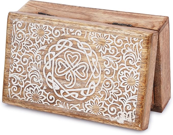 Ajuny Mango Wood Jewelry Box – Hand-Carved Celtic Knot Keepsake/Memory Box, Decorative Trinket & Treasure Chest Organizer, Handmade Gift for Women & Men, Travel Friendly, 8x5 Inch