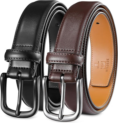 MILORDE Men's Leather Dress Belt 2Pack, Handmade, Genuine Leather, Fashion & Classic Designs for Work Business and Casual
