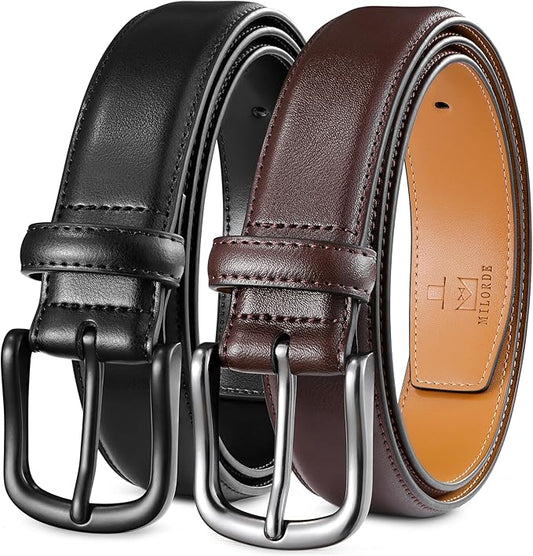 MILORDE Men's Leather Dress Belt 2Pack, Handmade, Genuine Leather, Fashion & Classic Designs for Work Business and Casual
