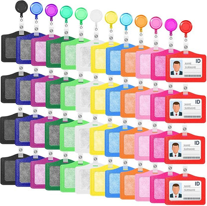 Tenare 48 Sets Retractable Badge Reels Multicolor Name ID Card Holder PU Leather Business Badge Holder Decorative with Clip for Students, Teachers, Nurses, Doctors