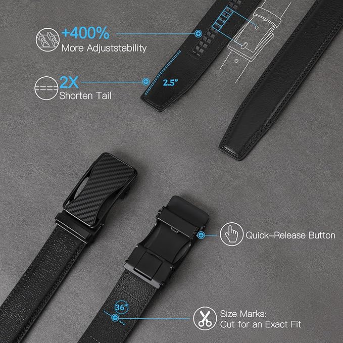 GAEKEAO Mens Belt Leather 1 3/8" - Micro-Adjust Buckle Ratchet Belts for Men Dress Casual to Formal Trim to Fit with Gift Box