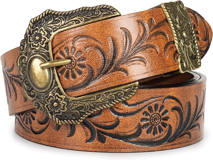 Mealah Vintage Western-Cowboy-Belt for Women Men - Carved Buckle PU Leather Waist Belts (for Waist 28"-38")