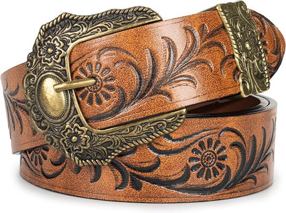 Mealah Vintage Western-Cowboy-Belt for Women Men - Carved Buckle PU Leather Waist Belts (for Waist 28"-38")