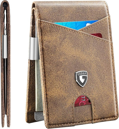 GSOIAX Slim Leather RFID Bifold Wallet for Men Minimalist Front Pocket Wallet with Money Clip,12 Card Slots,ID Window,Cool Groove Design,Includes Gift Box (Retro Brown)