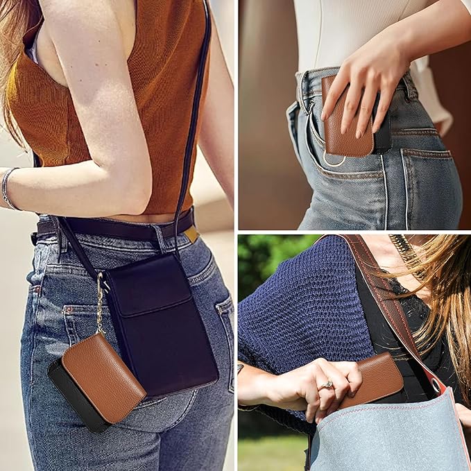 Women Small Wallet RFID Blocking Slim Wallet with Coin Pocket Tri-Fold Credit Card Holder with ID Window and Keychain(Brown＆Black)