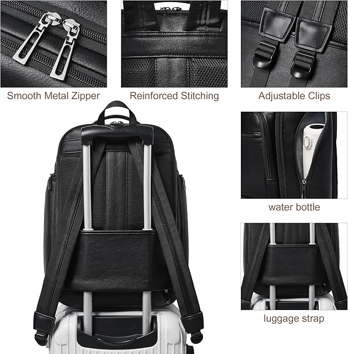 Vegan Leather Backpack, 40L Expandable, TSA Travel Backpack for Men and Women, Fits 17.0 Inch Notebook with Luggage Strap and USB Port, Black