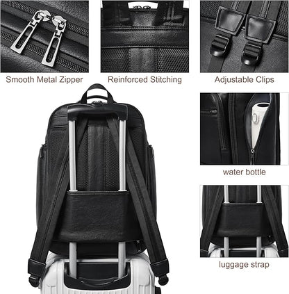 Vegan Leather Backpack, 40L Expandable, TSA Travel Backpack for Men and Women, Fits 17.0 Inch Notebook with Luggage Strap and USB Port, Black