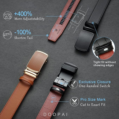 DOOPAI Men's 2 Pack Ratchet Dress Belt - Adjustable 1 3/8" Genuine Leather, Size Length Can Be Cut, With Gift Box