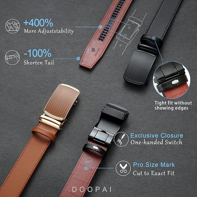 DOOPAI Men's 2 Pack Ratchet Dress Belt - Adjustable 1 3/8" Genuine Leather, Size Length Can Be Cut, With Gift Box