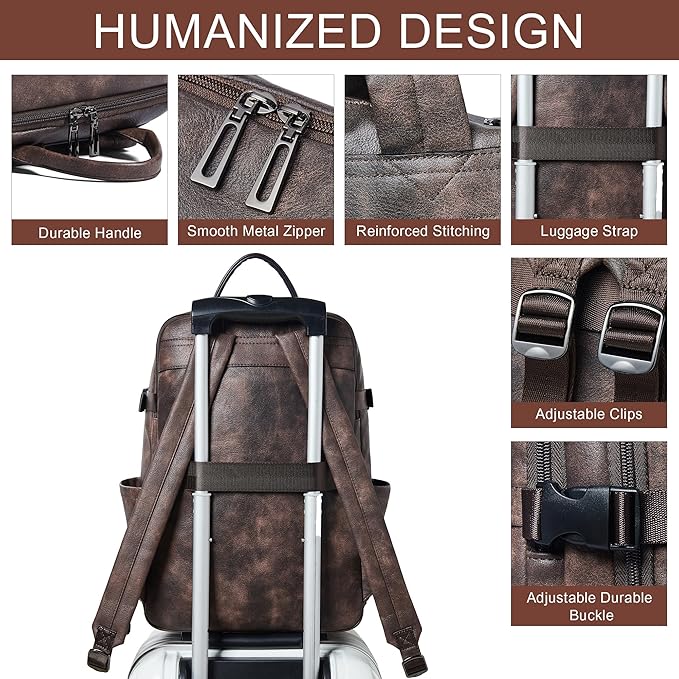 Travel Backpack for Women and Men, Fits 17.0" Laptop, Stylish Lay-Flat Carry-on Vegan Leather Backpack with Luggage Strap for Travel and Daily Use
