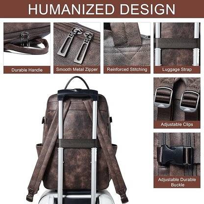 Travel Backpack for Women and Men, Fits 17.0" Laptop, Stylish Lay-Flat Carry-on Vegan Leather Backpack with Luggage Strap for Travel and Daily Use