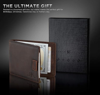 SERMAN BRANDS RFID Blocking Slim Money Clip Wallet – Leather Bifold Front Pocket Minimalist Mens Wallet with Money Clip for Men, Small Credit Card Holder Wallet - Travel Wallet with Gift Box