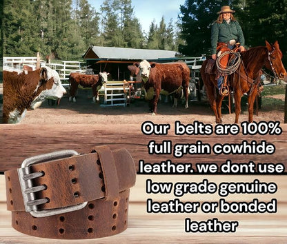 F&L CLASSIC Men's Genuine full grain leather belt heavy duty, work or casual belts for jeans, triple Prong buckle,1.5” wide,