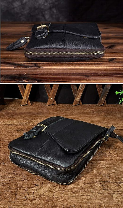 Le'aokuu Mens Genuine Leather Small Messenger Shoulder Satchel Phone Pouch Belt Waist Bag Pack