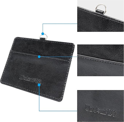 Wisdompro ID Badge Holder with Retractable Keychain, 2-Sided PU Leather Pass Card Holder with 2 Card Slots and Badge Reel for Work, School, Metro, Bus, Access Card - Black, Horizontal
