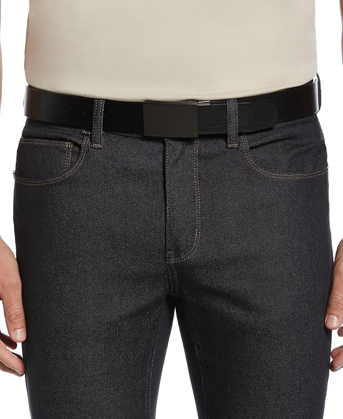 Perry Ellis Men's Reversible Bonded Leather Plaque Buckle Dress Belt