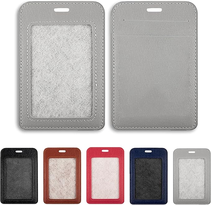 1 Pcs Leather ID Badge Holder - Vertical, Gray, Multiple Card Slots for Offices, Staff, Students, Employees