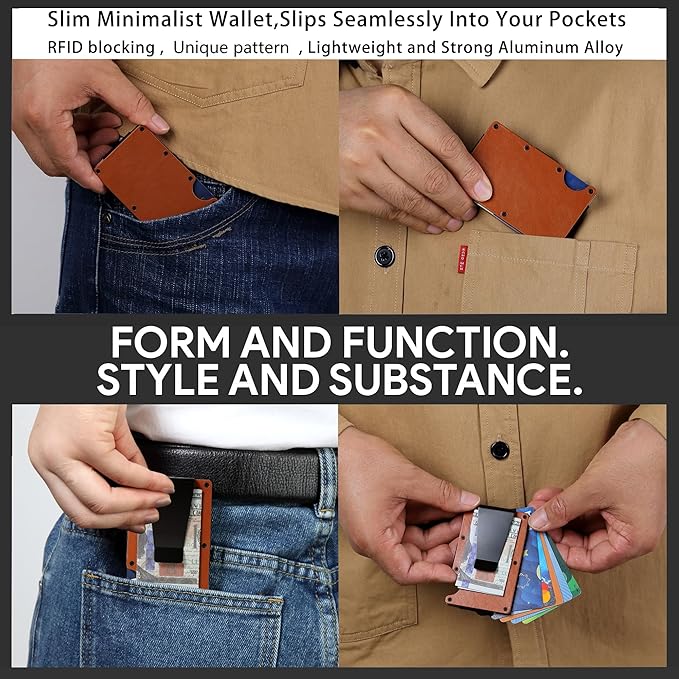 Minimalist Slim Wallet for Men,RFID Blocking Metal Wallet,Aluminum Credit Card Holder & Money Clip 12-15 Cards,Slim Rfid Front Pocket Mens Wallet,Leather Brown