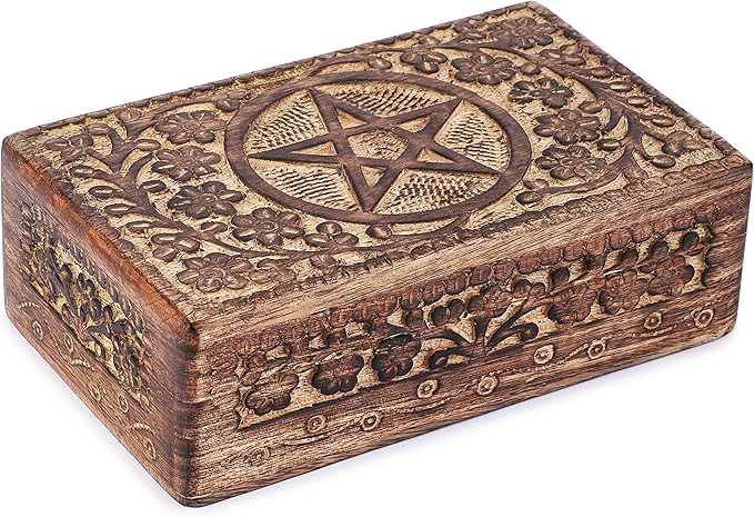 Ajuny Wooden Hand Carved Decorative Jewelry Box with Star Circle Carvings Vintage Keepsake Storage Organizer Travel Treasure Chest Trinket Holder Case Great Gifts 8x5 Inch
