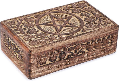 Ajuny Wooden Hand Carved Decorative Jewelry Box with Star Circle Carvings Vintage Keepsake Storage Organizer Travel Treasure Chest Trinket Holder Case Great Gifts 8x5 Inch