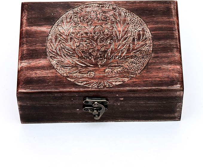 Antique Handmade Wooden Urn Tree of Life | Hand-Carved Jewelry Box for Women & Men | Decorative Keepsake Storage Organizer | Home Decor Accent (7" x 5.5" x 3.5", Tree - 4)