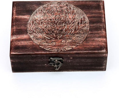 Antique Handmade Wooden Urn Tree of Life | Hand-Carved Jewelry Box for Women & Men | Decorative Keepsake Storage Organizer | Home Decor Accent (7" x 5.5" x 3.5", Tree - 4)