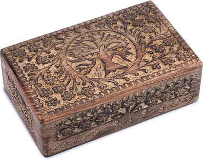 Ajuny Wooden Jewelry Box Tree of Life Carvings Travel Trinket Holder Storage Case Handmade Treasure Box Keepsake 8x5 Inch Multipurpose Organizer Unique Gifts for Men & Women
